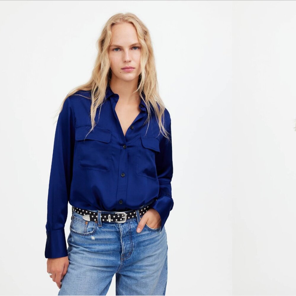 NWT Madewell Women's 100% Silk Flap Pocket Button Up shirt blouse deep cobalt